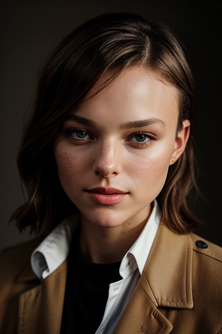 photo of seductive (ana1sgarn1er-135:0.99), a beautiful woman, perfect short hair, (modern photo), (Hair Brown  coat and long sleeve shirt), ((smokey Clay background:1.1)), closeup portrait, 85mm, (analog, cinematic, film grain:1.3), smiling, detailed eyes, painted lips, makeup, eyeliner, (epicPhoto), (looking at viewer), (cinematic shot:1.3)