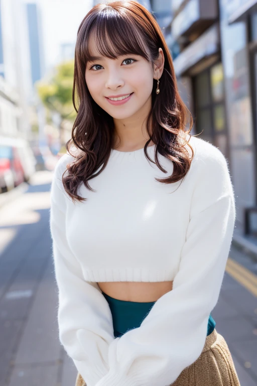 1girl, (cropped-top:1.4),(RAW photo, best quality), (realistic, photo-realistic:1.4), masterpiece, an extremely delicate and beautiful, extremely detailed, 2k wallpaper, Amazing, finely detail, extremely detailed CG unity 8k wallpaper, ultra-detailed, highres, soft light, beautiful detailed girl, extremely detailed eyes and face, beautiful detailed nose, beautiful detailed eyes,cinematic lighting,(in the city:2.0),perfect anatomy,(slender body:2.0),(close up face:2.0),(laugh,Friendly, warm:2.0),(looking at viewer:2.0),(young japanese idol:1.8),(wavy long brown hair:1.8), (brown eyes:2.0),(standing:2.0), (cleavage:0.8), <lora:maedakaori_lora-v2_01:0.8>