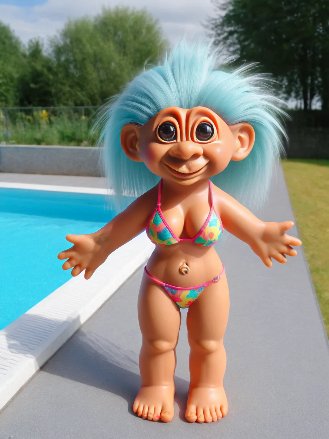 ais-trollz bikini wearing female, standing by a swimming pool on a summers day <lora:Russ_Trolls_Style_SDXL:1>