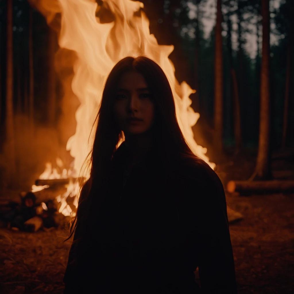 cinematic film still of <lora:Chiaroscuro Lighting Style:1>
dramatic, cinematic, shadow, partially covered in shadow, a fire camp in the middle of a forest at night Chiaroscuro Lighting Style, long hair, standing, fire, nature, scenery, forest, orange theme, fujiwara no mokou, shallow depth of field, vignette, highly detailed, high budget, bokeh, cinemascope, moody, epic, gorgeous, film grain, grainy