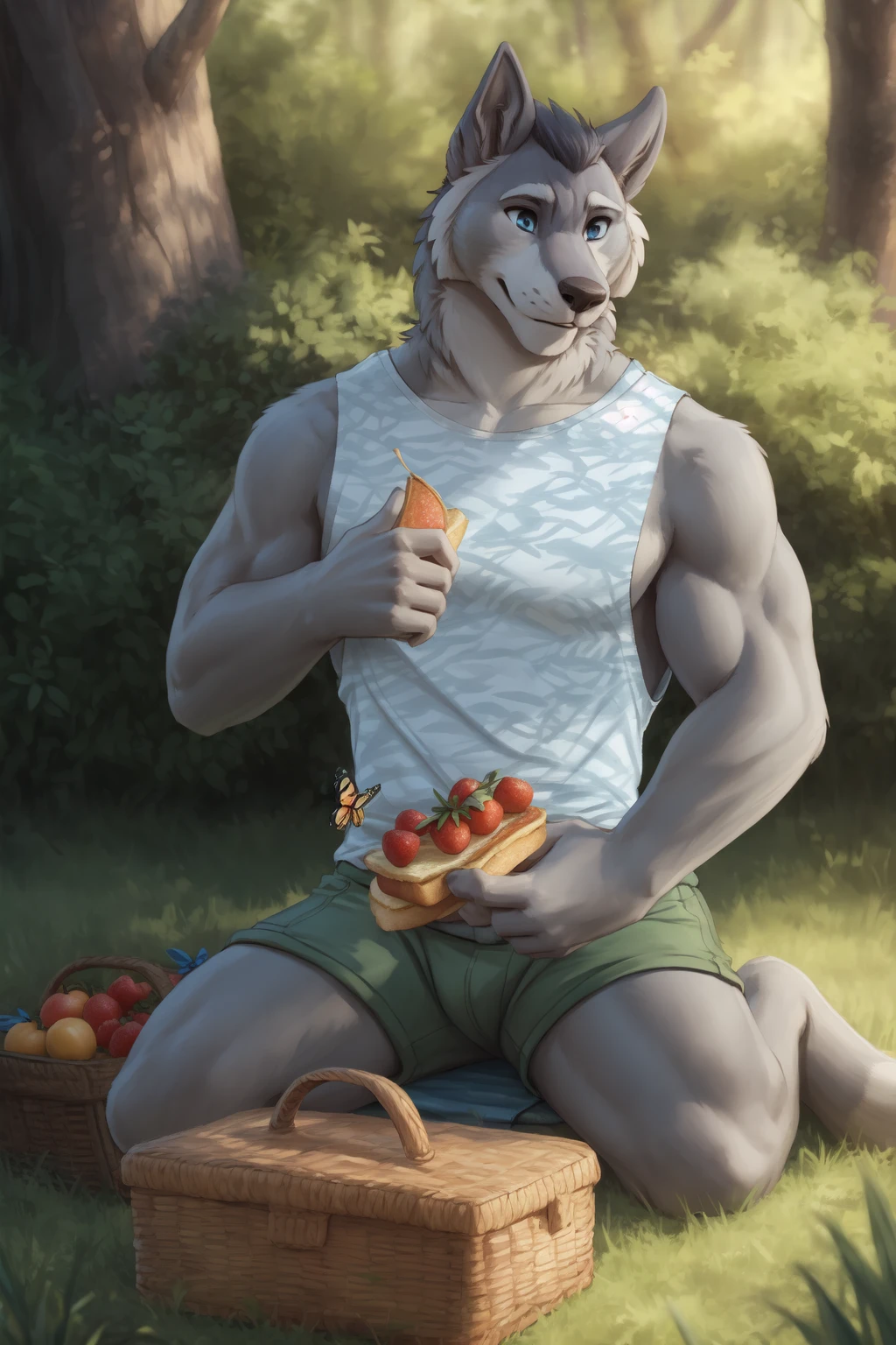 <lora:dallan-06:1>, dallan, blue eyes, muscular, (posing:1.3), (soft shading), 4k, hi res, ((detailed face, detailed)), (full body), by zackarry911, by zaush, (by personalami:0.5), shirt, holding, sitting, full body, thighs, outdoors, food, shorts, tree, fruit, thick thighs, eating, tank top, grass, bug, holding food, butterfly, nature, forest, white fur, white tank top, sandwich, picnic basket, picnic, blue tank top