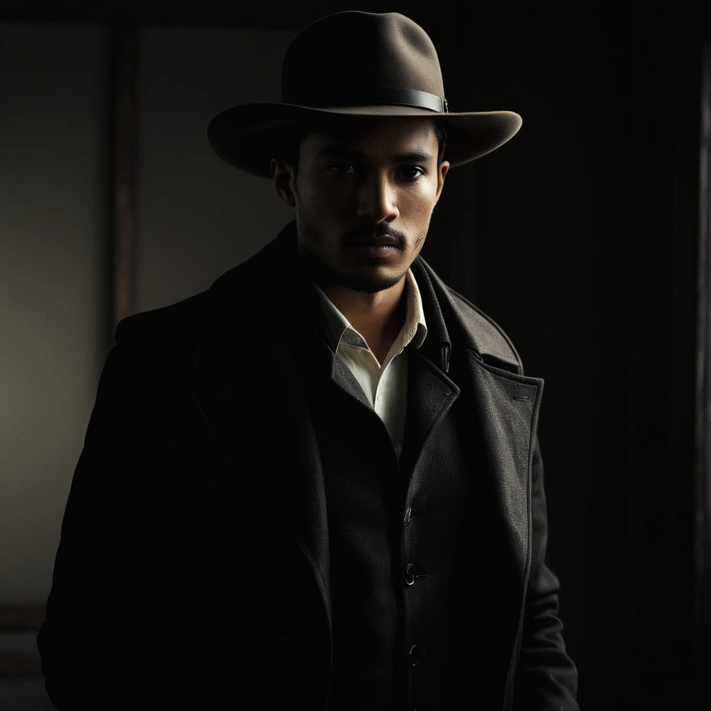 cinematic film still of  <lora:Low-key lighting Style:1>
dim light, low light, dramatic light, partially covered in shadow, a man in a hat and coat holding a belt Low-key lighting Style,solo,shirt,black hair,1boy,hat,holding,jacket,white shirt,upper body,male focus,dark skin,scarf,black jacket,facial hair,dark-skinned male,cowboy hat, shallow depth of field, vignette, highly detailed, high budget, bokeh, cinemascope, moody, epic, gorgeous, film grain, grainy