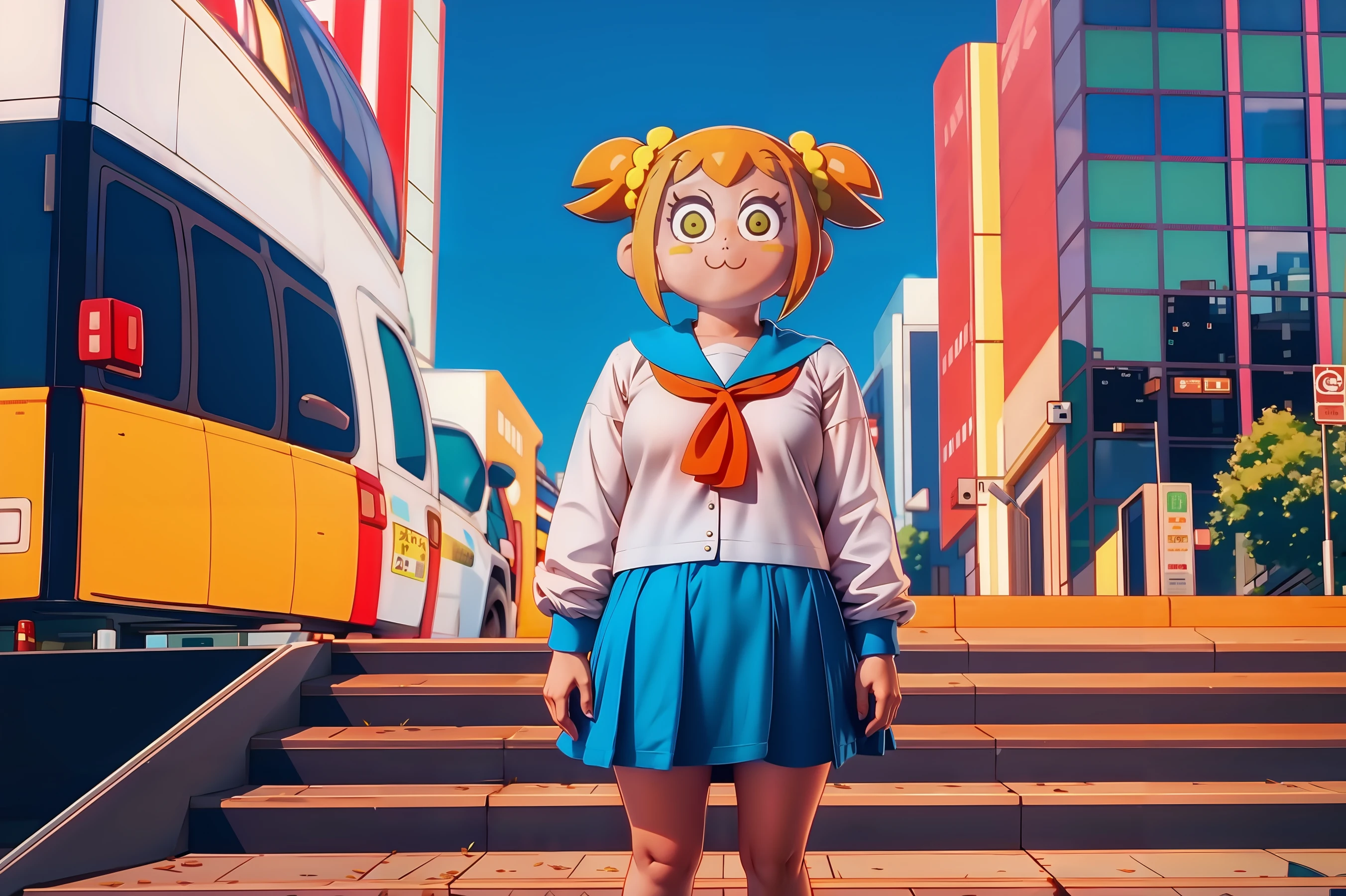 Popuko standing in the city, solo, 1girl, blonde, full body