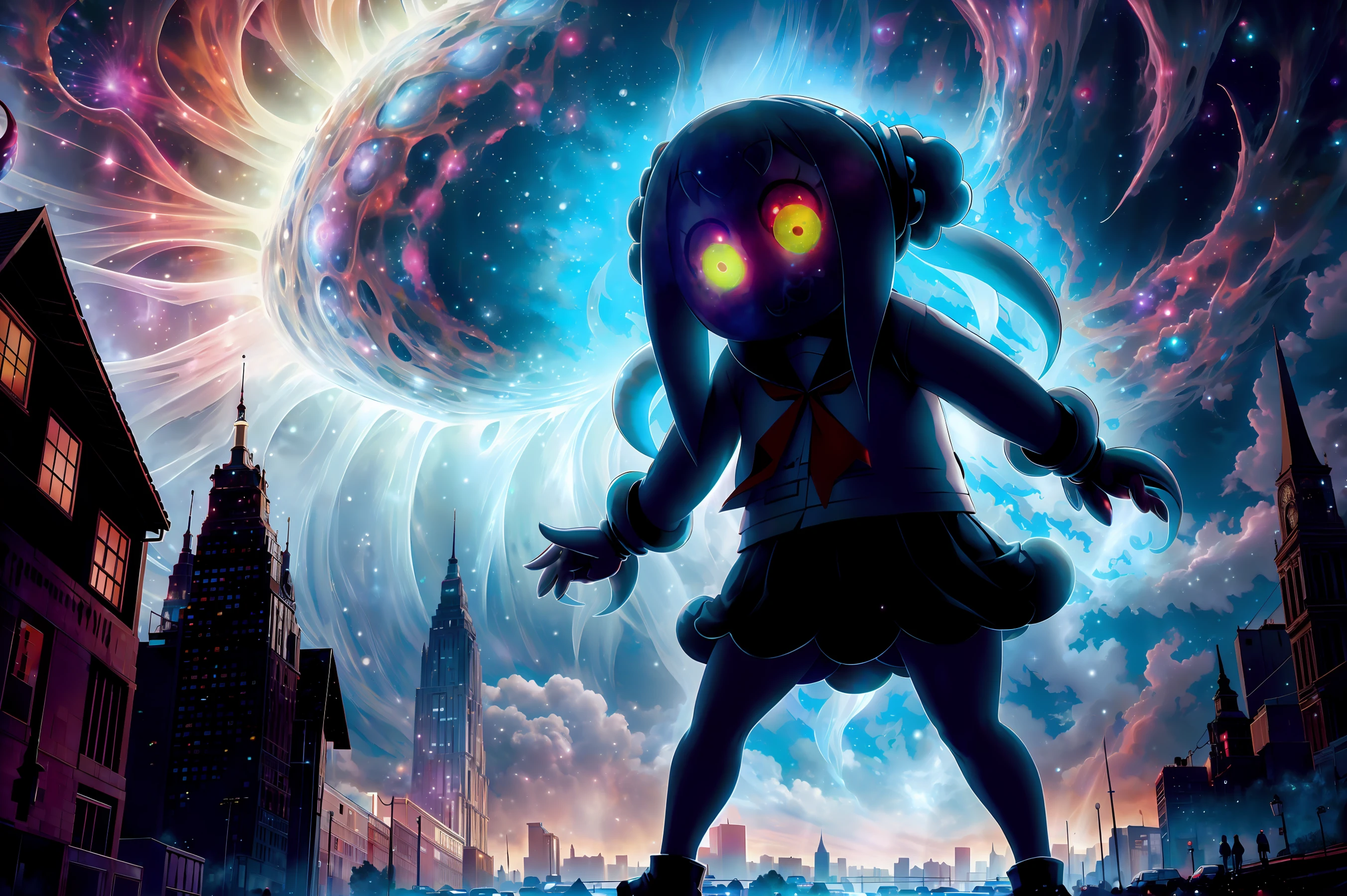 Eldritchtech, Popuko, blonde, tentacles reaching into the city streets, full body, glee, cosmic horror