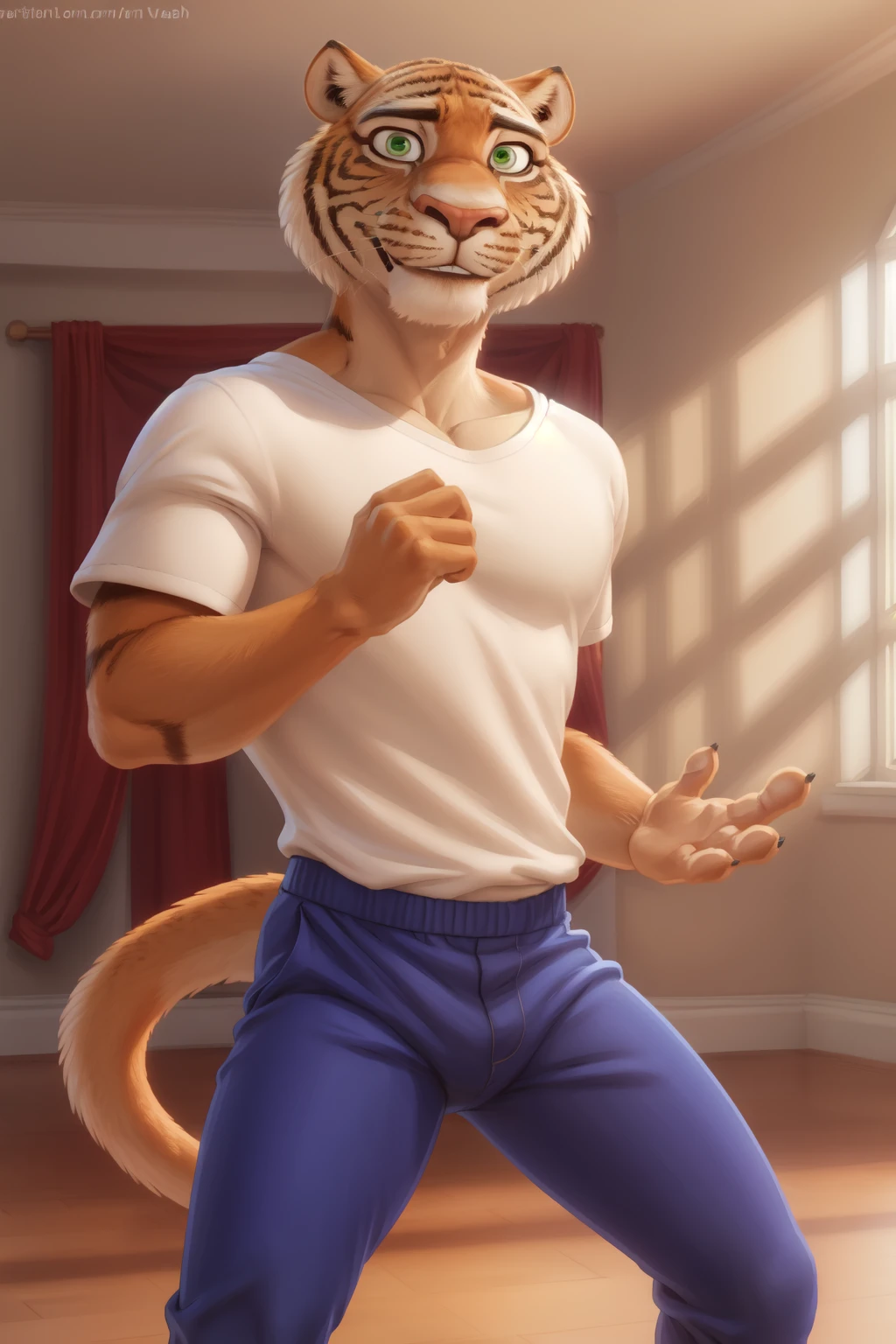 <lora:ryan-08:1>, ryan(sing), sing movie, tail, green eyes, (posing:1.3), (soft shading), 4k, hi res, ((detailed face, detailed)), (full body), by zackarry911, by zaush, (by personalami:0.5), dance room, white shirt, blue pants, looking at viewer, smile, portrait