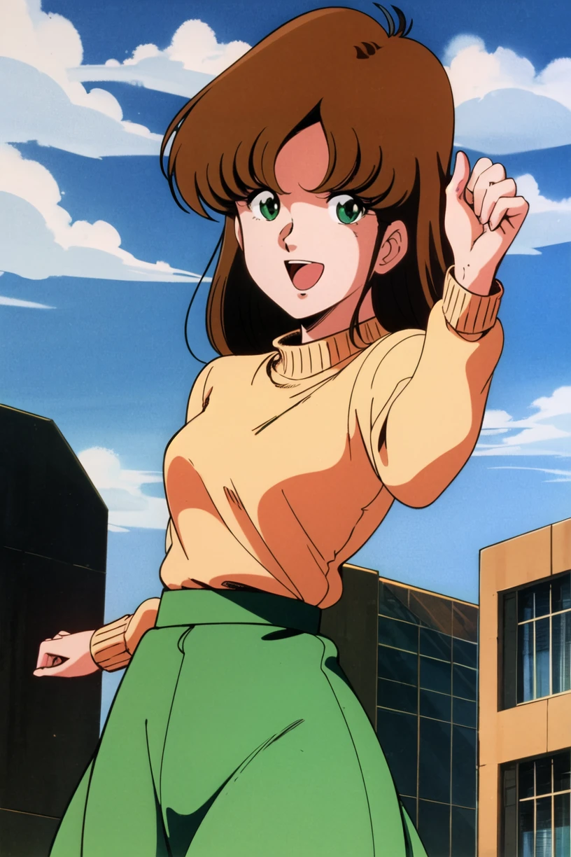 masterpiece,best quality,highres,<lora:Hayase Misa:0.6>,Hayase Misa,brown long hair,green eyes,1girl,solo,1980s \(style\),retro artstyle,cowboy shot,futoshi slim,looking at viewer,open mouth,building,sky,day,sweater,long sleeves,long skirt,smile,dynamic pose,