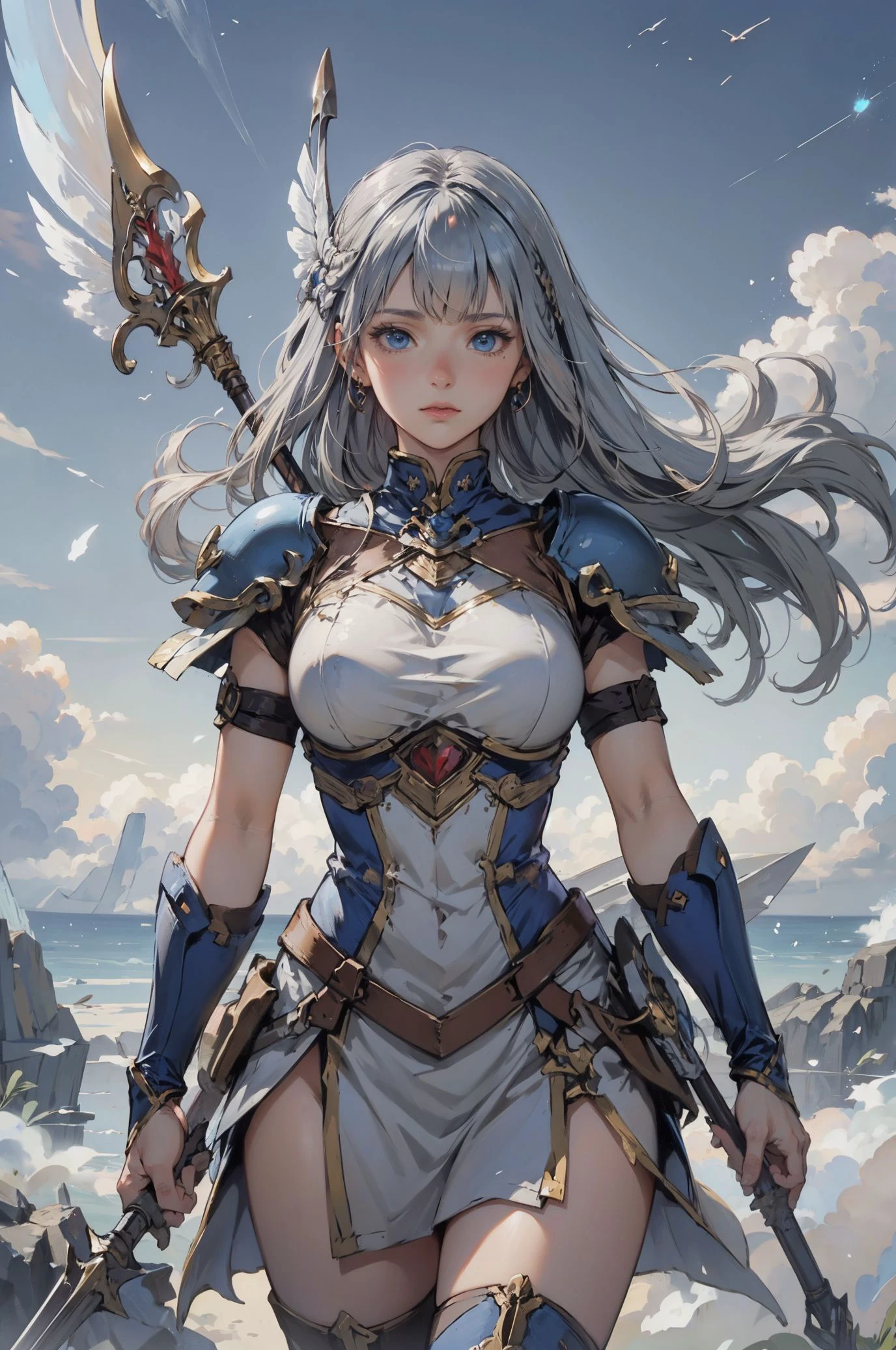 2Dstyle, (anime, 2D cartoon,illustration),(wide hip, large breasts, perfect slender young girl body)
,Perfectly glossy skin ,25 yo mature girl,shiny_and_glossy_skin
,
(((
LennethValkyrieProfile,
,((lenneth floating in the sky,  holding a spear, ))
,  ,(( ethereal wings, blue eyes , light gray blue hair)),  
<lora:LennethV2:0.5>
))), 
(cowboy shot)
,