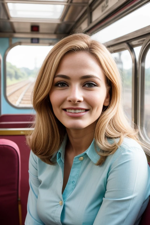 E1gAndTTXV1C,
a smiling woman sitting in a train compartment in casual streetwear, (sitting action:1.2), (carefree face experssion:1.2),
(professional photo shooting), (high buget photo), (extremely detailed skin), (flawless skin), (model pose), (highly detailed facial features),
(natural light), (high quality photography), (intricate details), (8k), (HDR), (sharp focus), (medium view)