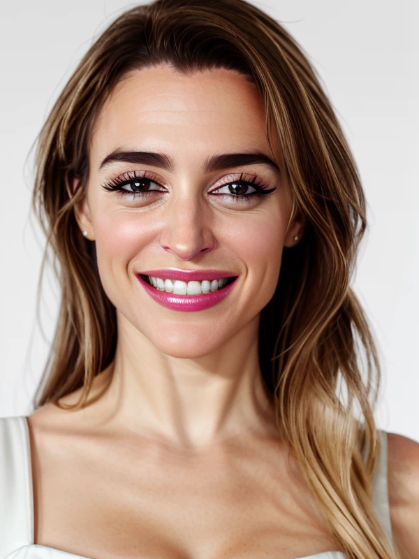 gquality, <lora:fatima:1> fatima, 1girl, solo, looking at viewer, smile, simple background, teeth, white background, makeup, close-up
