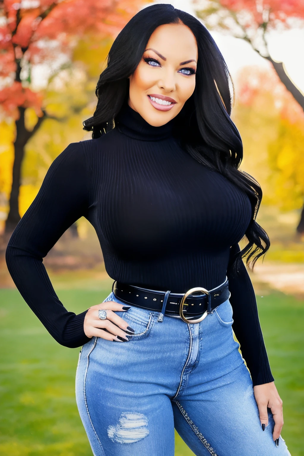a RAW photo, portrait of carlaharvey, wearing turtleneck sweater, jeans, belt, outdoors <lora:CarlaHarvey:0.9>