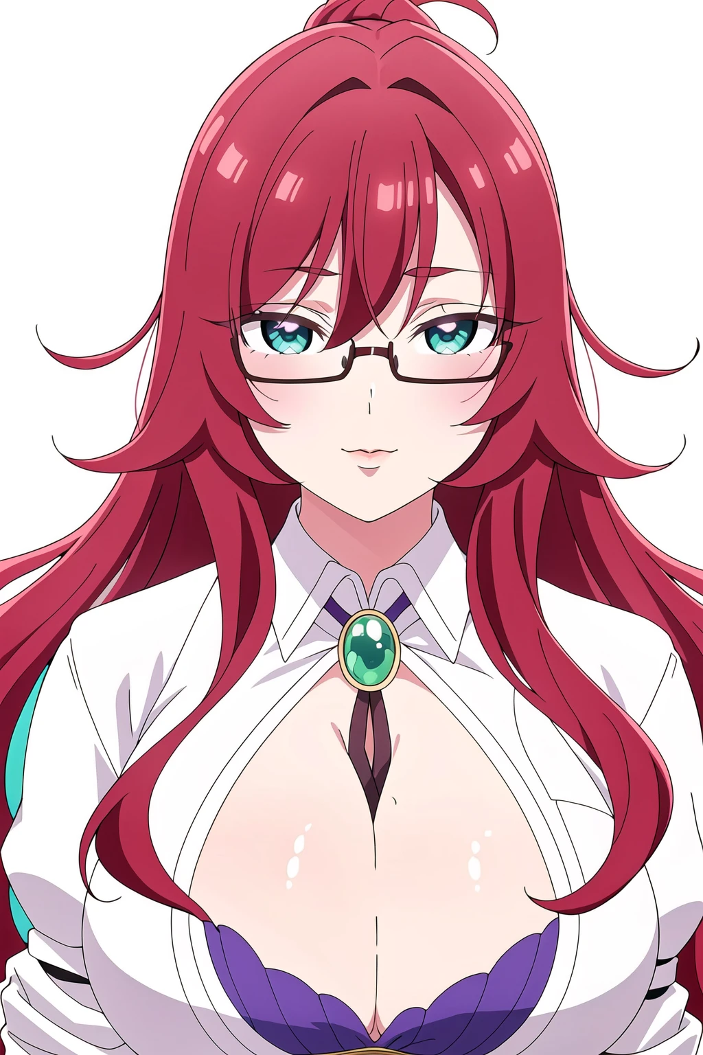 Simple White Background,
white shirt,long sleeves,purple bra,cleavage cutout, 
<lora:Kusuri_Yakuzen_100Girlfriends-KK77-V1:0.7>,semi-rimless eyewear,necklace, jewelry, gem,
Green eyes, red hair,bangs,Long hair,wavy hair,lipstick, 
<lora:Oda_Non_Style-KK77-V2:0.3>,<lora:more_details:0.1>,
1 girl, 20yo,Young female,Beautiful long legs,Beautiful body,
Beautiful Nose,Beautiful character design, perfect eyes, perfect face,expressive eyes,perfect balance,
looking at viewer,(Focus on her face),closed mouth, (innocent_big_eyes:1.0),(Light_Smile:0.3),
official art,extremely detailed CG unity 8k wallpaper, perfect lighting,Colorful, Bright_Front_face_Lighting,White skin,
(masterpiece:1.0),(best_quality:1.0), ultra high res,4K,ultra-detailed,
photography, 8K, HDR, highres, absurdres:1.2, Kodak portra 400, film grain, blurry background, bokeh:1.2, lens flare, (vibrant_color:1.2),professional photograph,
(Beautiful,large_Breasts:1.4), (beautiful_face:1.5),(narrow_waist),