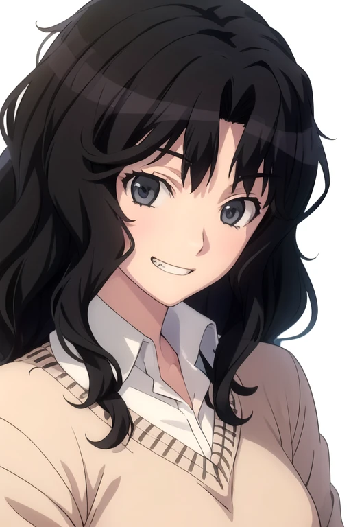solo, 1girl, looking at viewer, 2D, anime, anime coloring, upper body, (solid white background:1.3), <lora:kaoru-amagami:0.8>, kaoru tanamachi, kibito high school uniform, sweater, looking at viewer, grin
