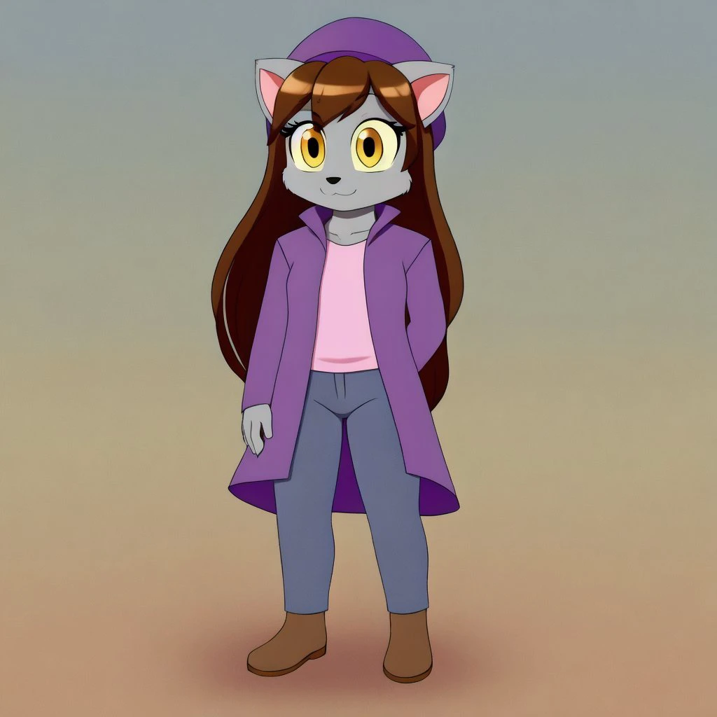 <lora:takayuki-20:0.7>
masterpiece, 1girl, solo, female,
takayuki, grey fur, yellow eyes, brown hair, long hair, tail,
purple jacket, purple hat, blue pants, brown footwear,
adult, standing on 2 legs, slim body,