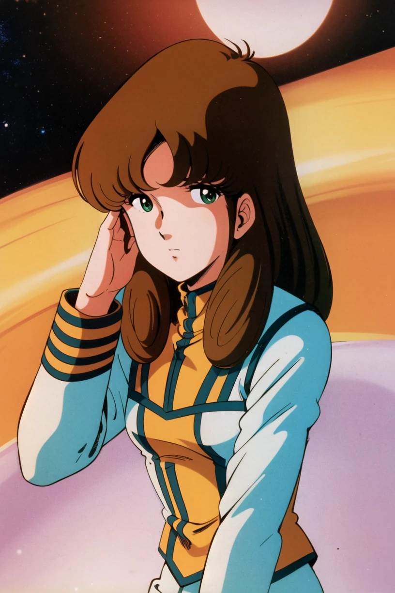 masterpiece,best quality,highres,<lora:Hayase Misa:0.6>,Hayase Misa,brown long hair,green eyes,1girl,solo,1980s \(style\),retro artstyle,cowboy shot,uniform,military uniform,military,white skirt,futoshi slim,space,looking at viewer,criin,