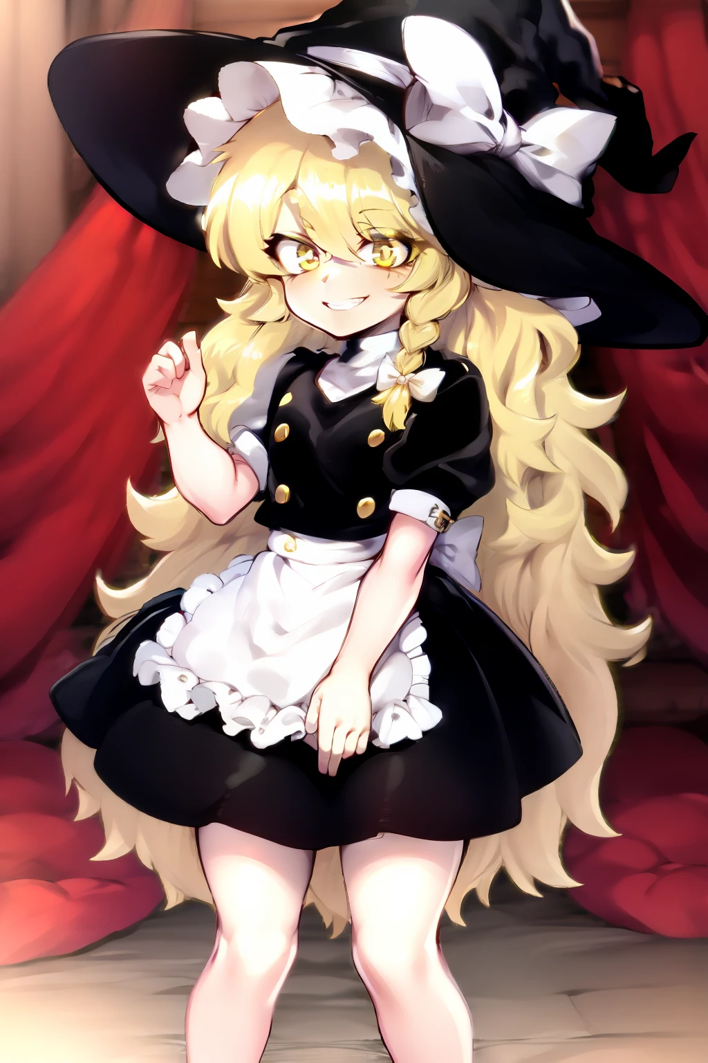 1girl, solo, masterpiece, best quality, high quality, highres, 4K, <lora:Juggertuul-000008:1> grin,
<lora:Kirisame_Marisa:1> Kirisame_Marisa_Touhou, blonde hair, kirisame marisa, long hair, braid, bow, black witch hat, yellow eyes, single braid, hair bow, black skirt, apron,