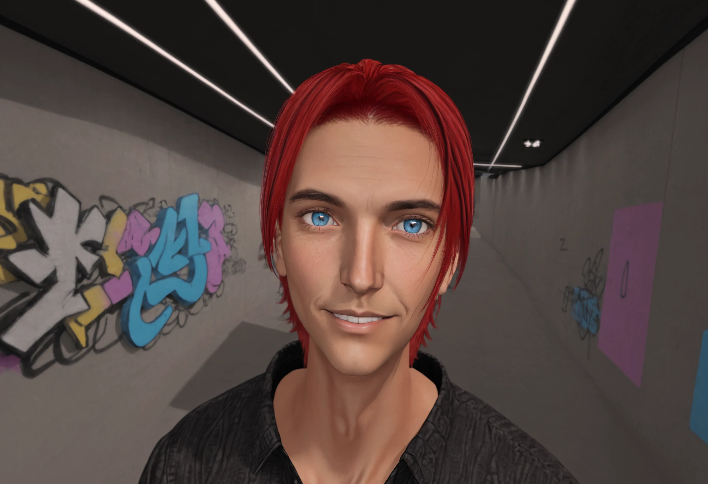 Charlie Pe'kova, ((masterpiece, best quality)), 1boy, male focus, mature male, tanned skin, tan, solo, looking at viewer, short hair, blue eyes, smile, shirt, red hair, indoors, graffiti, extremely detailed, detailed eyes, detailed face, <lora:CharlieRodriguezXL:0.8>
