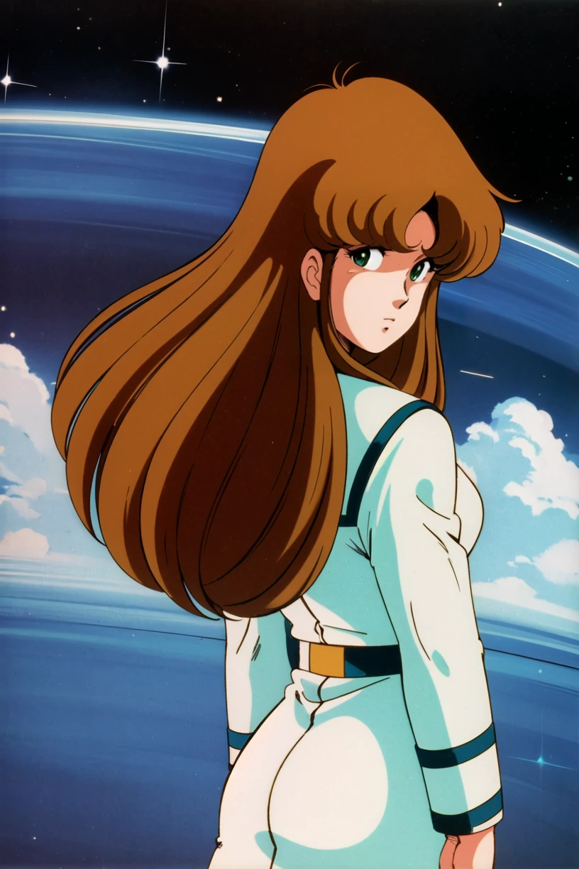 masterpiece,best quality,highres,<lora:Hayase Misa:0.6>,Hayase Misa,brown long hair,green eyes,1girl,solo,1980s \(style\),retro artstyle,cowboy shot,uniform,military uniform,military,white skirt,futoshi slim,space,looking back,