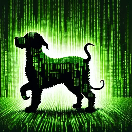 <lora:Matrix-000013:0.7>Matrix A silhouette of a dog made entirely of green code, resembling the style seen in the Matrix movie, against a black background. The image should capture the essence of the digital world depicted in the Matrix, with streams of green code flowing and forming the dog figure.