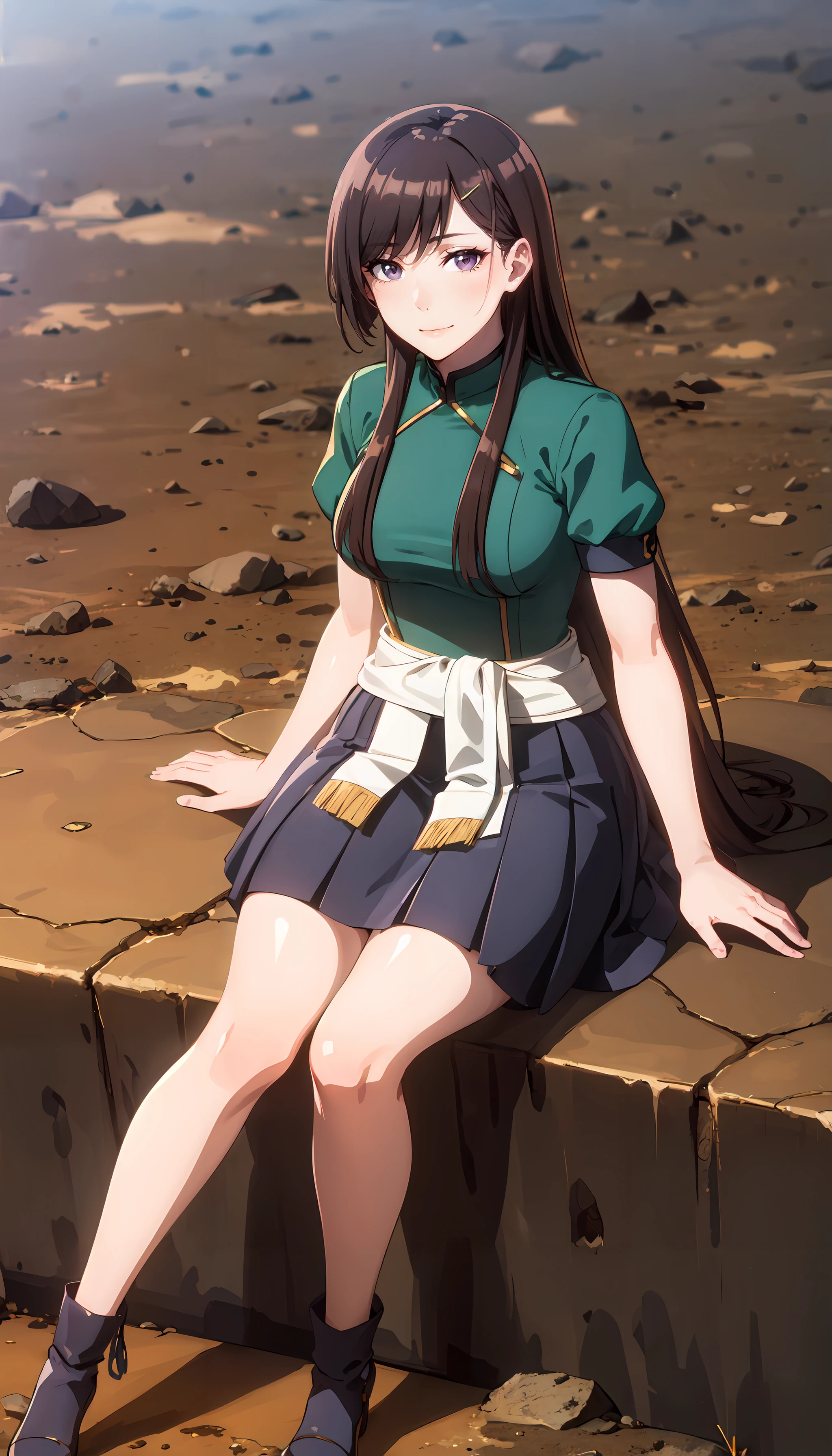 photorealistic, (4k), depth of field, (Masterpiece), (realistic skin texture), extremely detailed, intricate, hyper detailed, professional photography, bokeh, high resolution, sharp detail, best quality, woman, long hair, brown hair, purple eyes, green shirt, skirt, short sleeves, (white waist sash), <lora:GoodHands-vanilla:0.8> , <lora:detail_slider_v4:0.8> , (sitting with elbows on knees), dynamic pose, <lora:Hibiki Otonashi:0.8> , desert, dust storm, wasteland, destruction, ruins, sandstone