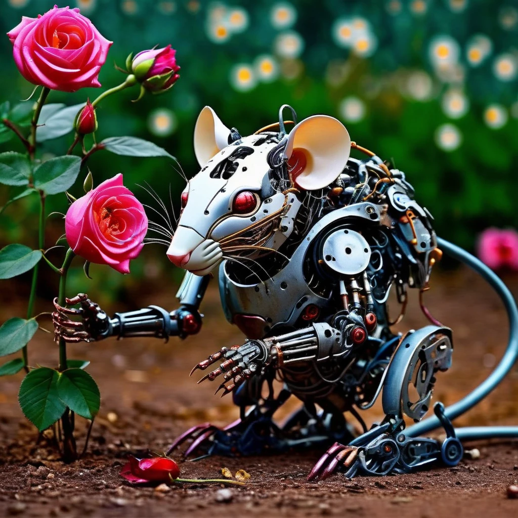 techmai robot rat in the garden with a rose <lora:techmai:1>
