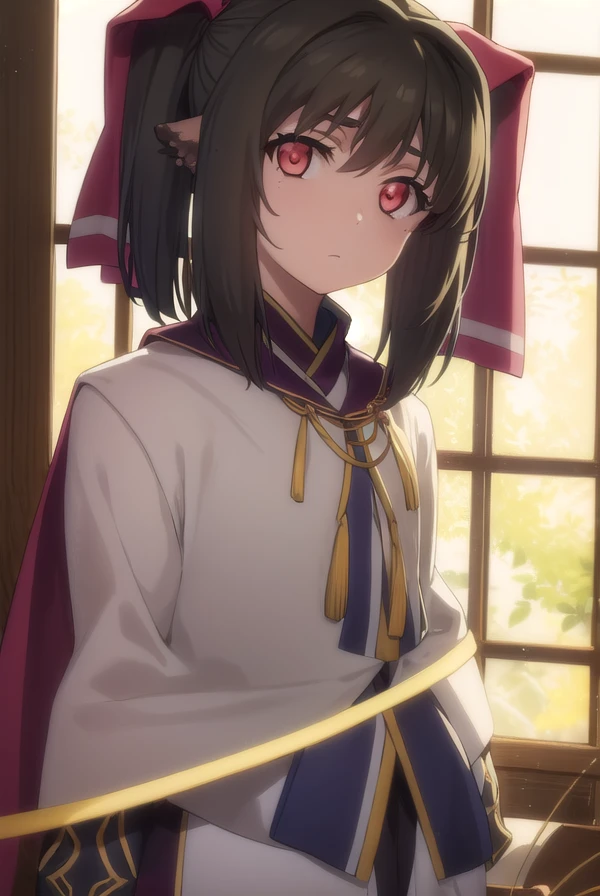utawarerumononekone, <lora:utawarerumono nekone s2-lora-nochekaiser:1>,
nekone, long hair, brown hair, (red eyes:1.3), ribbon, animal ears, twintails, hair ribbon, mole, mole under eye,
BREAK tail, cape, robe, capelet, long sleeves,
BREAK outdoors,
BREAK looking at viewer, (cowboy shot:1.5),
BREAK <lyco:GoodHands-beta2:1>, (masterpiece:1.2), best quality, high resolution, unity 8k wallpaper, (illustration:0.8), (beautiful detailed eyes:1.6), extremely detailed face, perfect lighting, extremely detailed CG, (perfect hands, perfect anatomy),