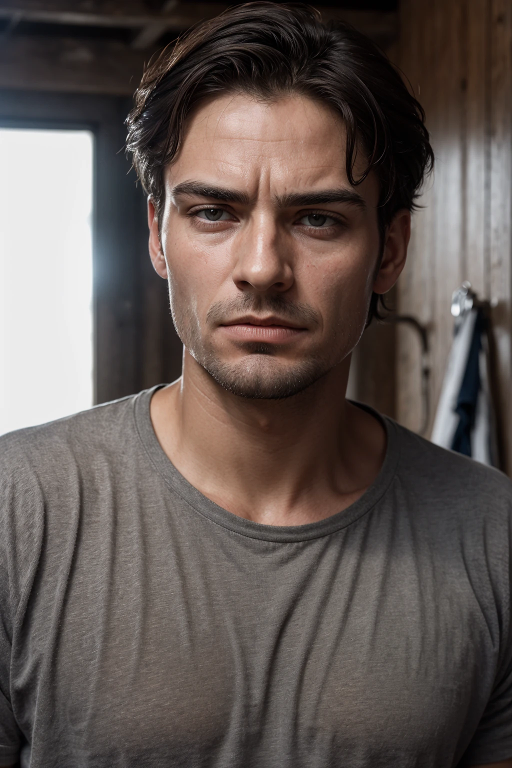 (best quality, high quality, sharp focus:1.4), european man, realistic photo of a worker after a hard day, dirty face, sweaty dirty clothes, best quality, realistic ,masterpiece,