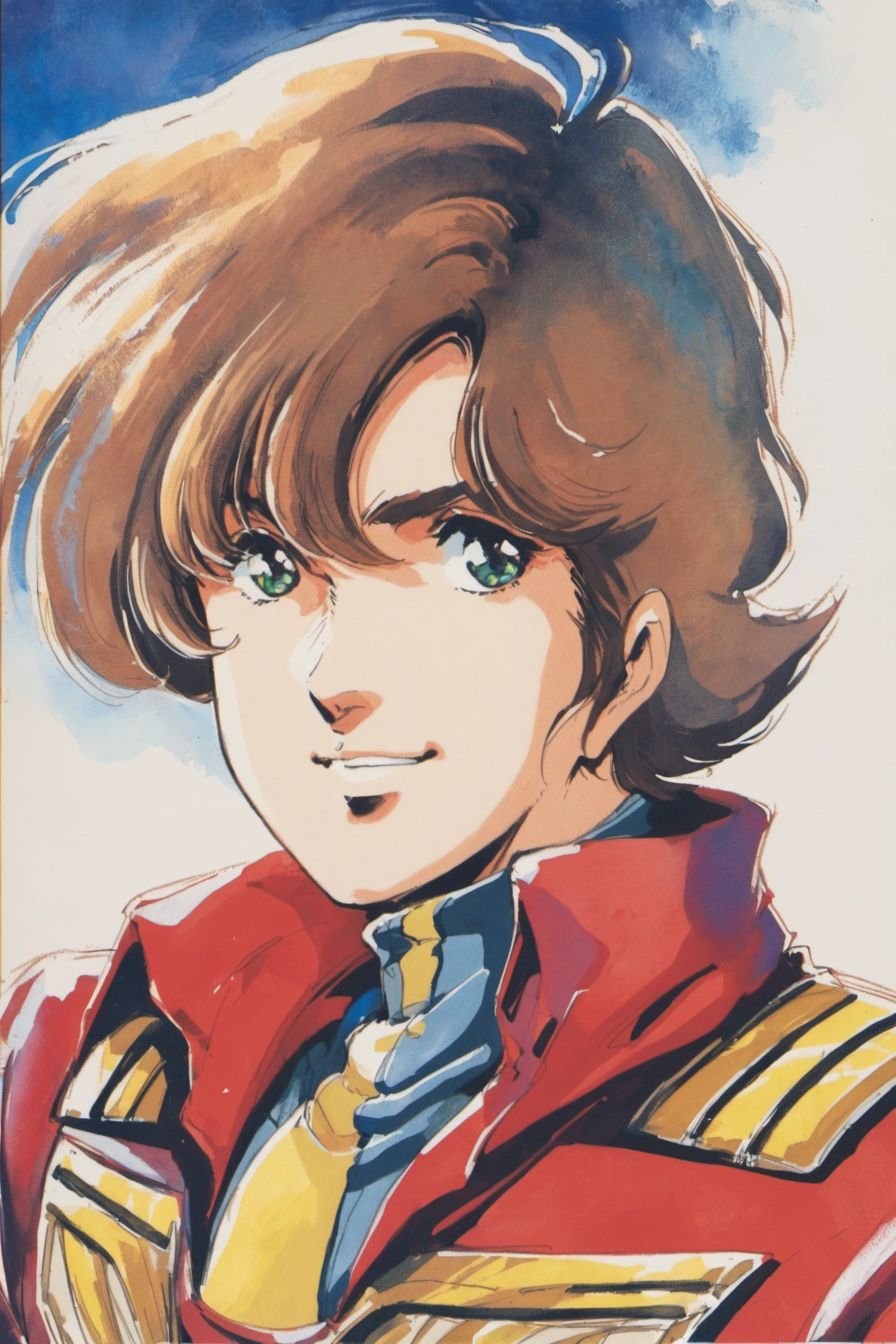 solo, 1boy, male focus, green eyes, smile, white background, brown hair, traditional media, simple background, upper body, blonde hair, uniform, looking at viewer, retro artstyle, portrait, watercolor (medium),<lora:Haruhiko Mikimoto_XL:0.8>