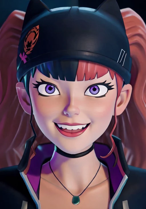 <lora:Palworld:1.0>, Palworld, Zoe, Evil Grin, portrait, close-up