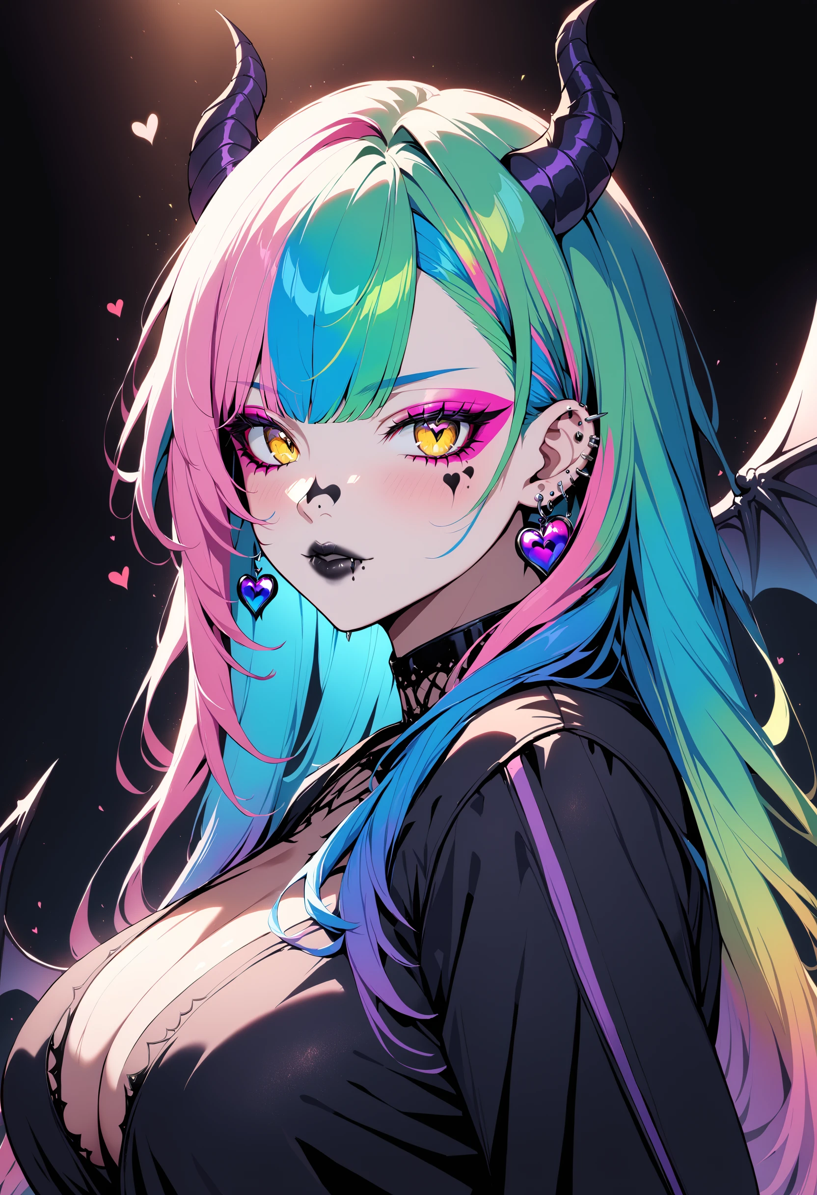 1girl, bangs, black background, black lips, black nails, blue hair, ear piercing, earrings, gradient hair, green hair, heart, horns, jacket, jewelry, lip piercing, long hair, long sleeves, looking at viewer, makeup, yellow hair, blue hair, pink hair, rainbow hair, bat wings,  bbw, voluptuous, large breasts, multicolored hair, nose piercing, piercing, pink hair, simple background, solo, upper body, yellow eyes, blood splatters