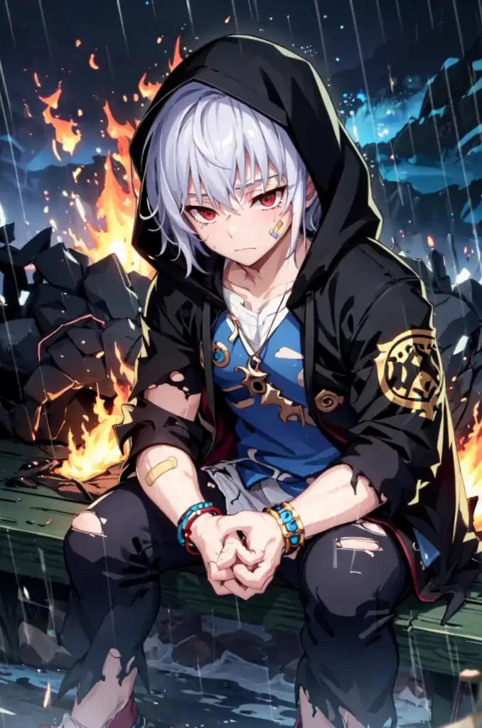 asingc, jewelry, sitting, closed mouth,hood, bracelet, torn clothes, fire, bandaid, hood up, rain, cuffs, injury, bandaid on face