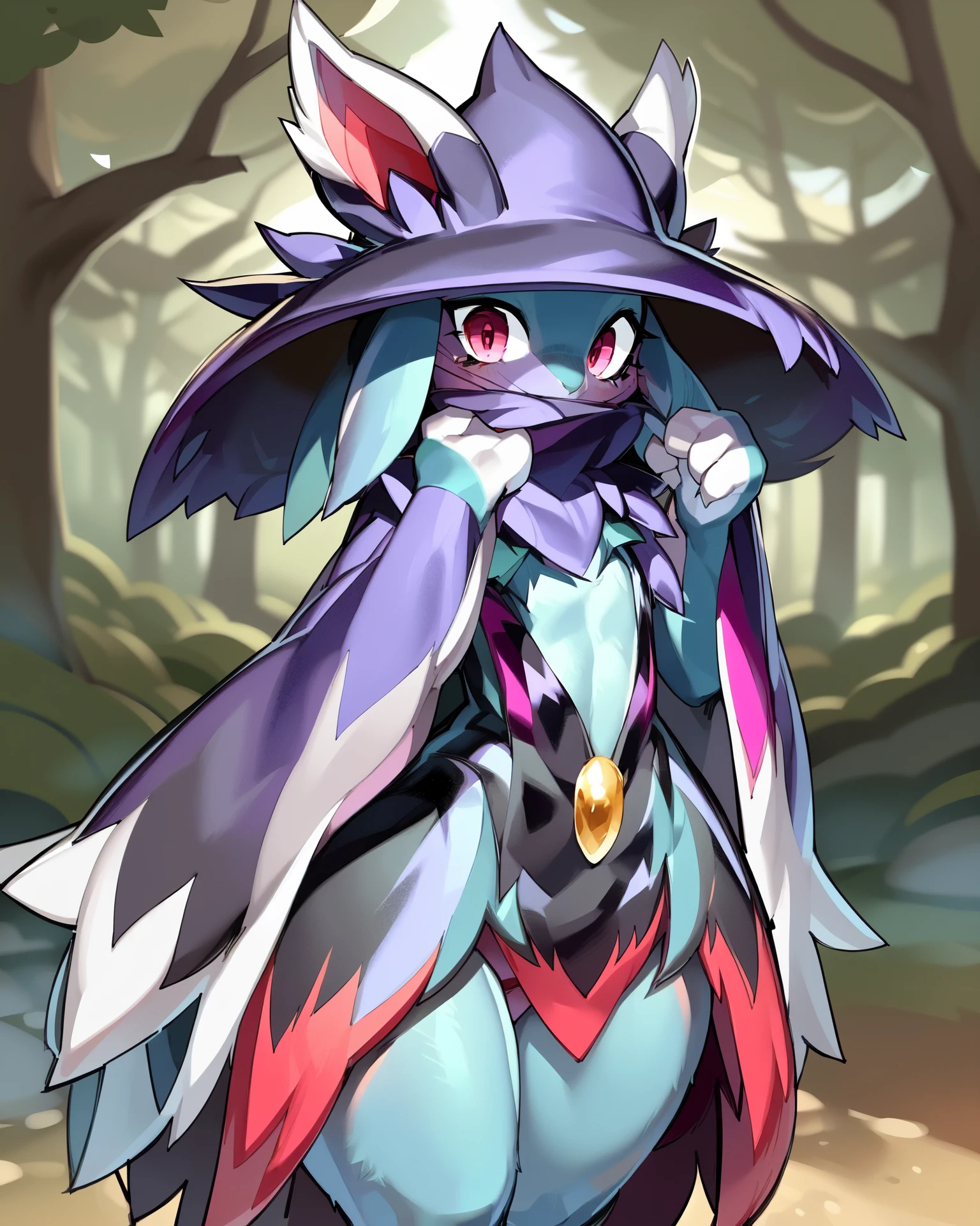 <lora:PW_Katresss_a1_2_VPred:1>,<lora:fluffyrock-quality-tags-v4:0.7>,
(best quality, good quality:1.4),anthro,female,katress,solo,hi res,
detailed background,by kame 3,
three-quarter view,pink eyes,forest,covered mouth,flat chest,