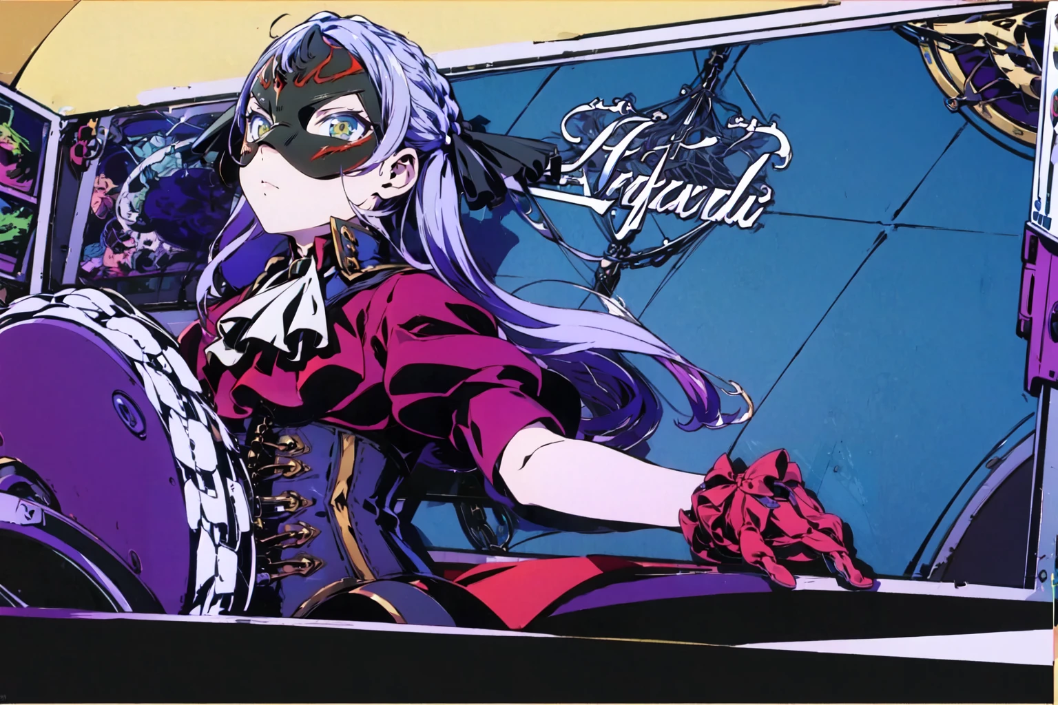 <lora:Persona5Cruncher>,PersonaCruncher,1girl,solo,masterpiece,best quality,looking at viewer,<lora:togawasakiko9:0.8>,togawa sakiko,oblivionis,mask,pantyhose,braid,corset,layered dress,ascot,puffy short sleeves,brooch,red shirt,frills,underbust,black gloves,, masterpiece,best quality,highres,ultra high res,(abstract art:1.2),2d,(highlydetailed),(colorful),(intenseexpression),(fashionable),