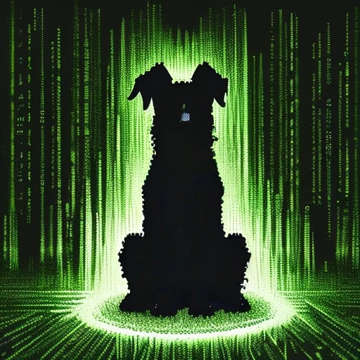 <lora:Matrix-000013:0.7>Matrix A silhouette of a dog made entirely of green code, resembling the style seen in the Matrix movie, against a black background. The image should capture the essence of the digital world depicted in the Matrix, with streams of green code flowing and forming the dog figure.