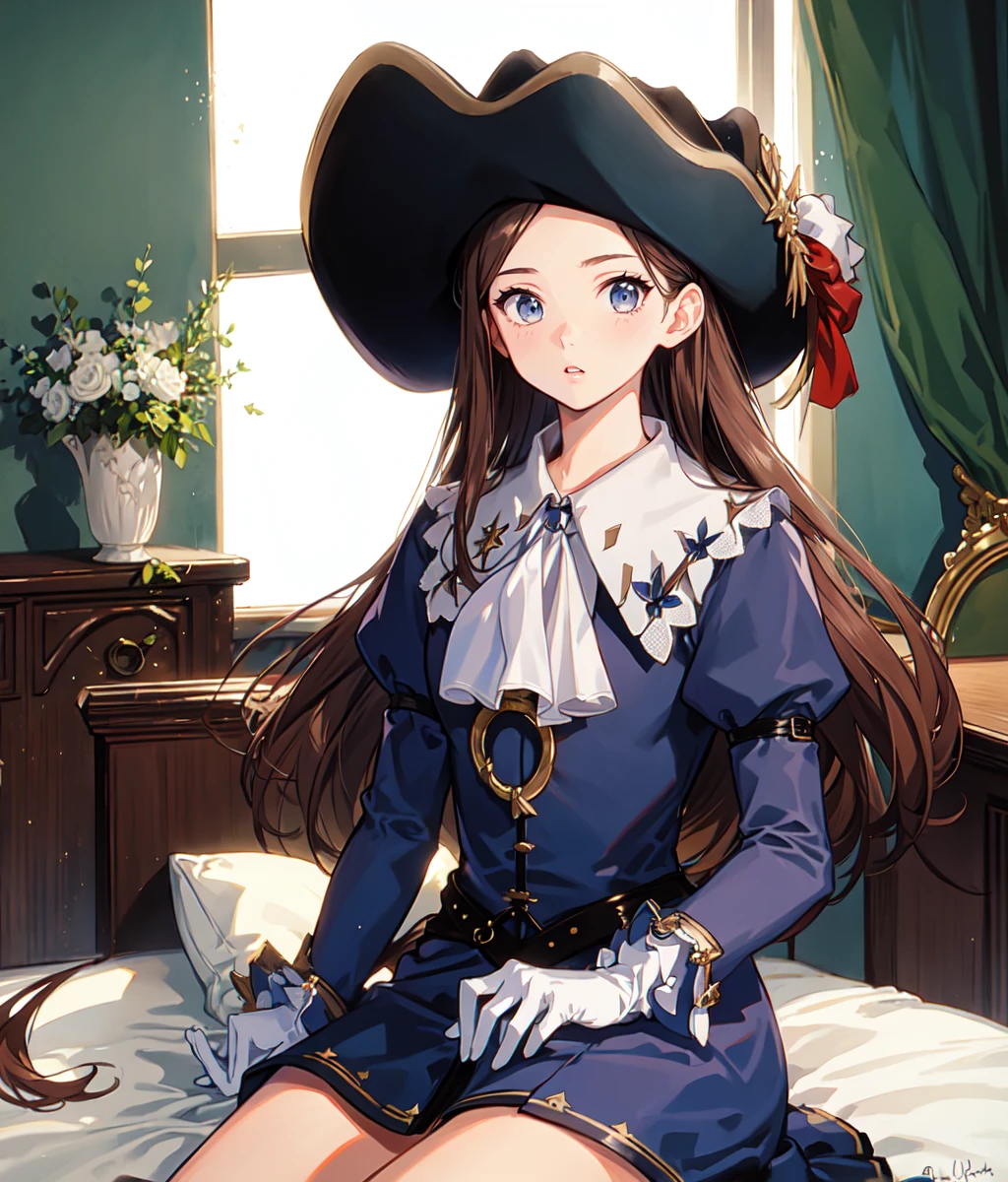 masterpiece, high res, detailed face, detailed eyes, anime screencap, 1 girl, solo, surprised. blushing, tall, slender, brown hair. grey eyes, long hair, blue outfit, short skirt, musketeer hat, red plume, white collar, bare legs, gloves, indoors, sitting on the bed, bedroom, full body, cowboyshot <lora:Lily:1>