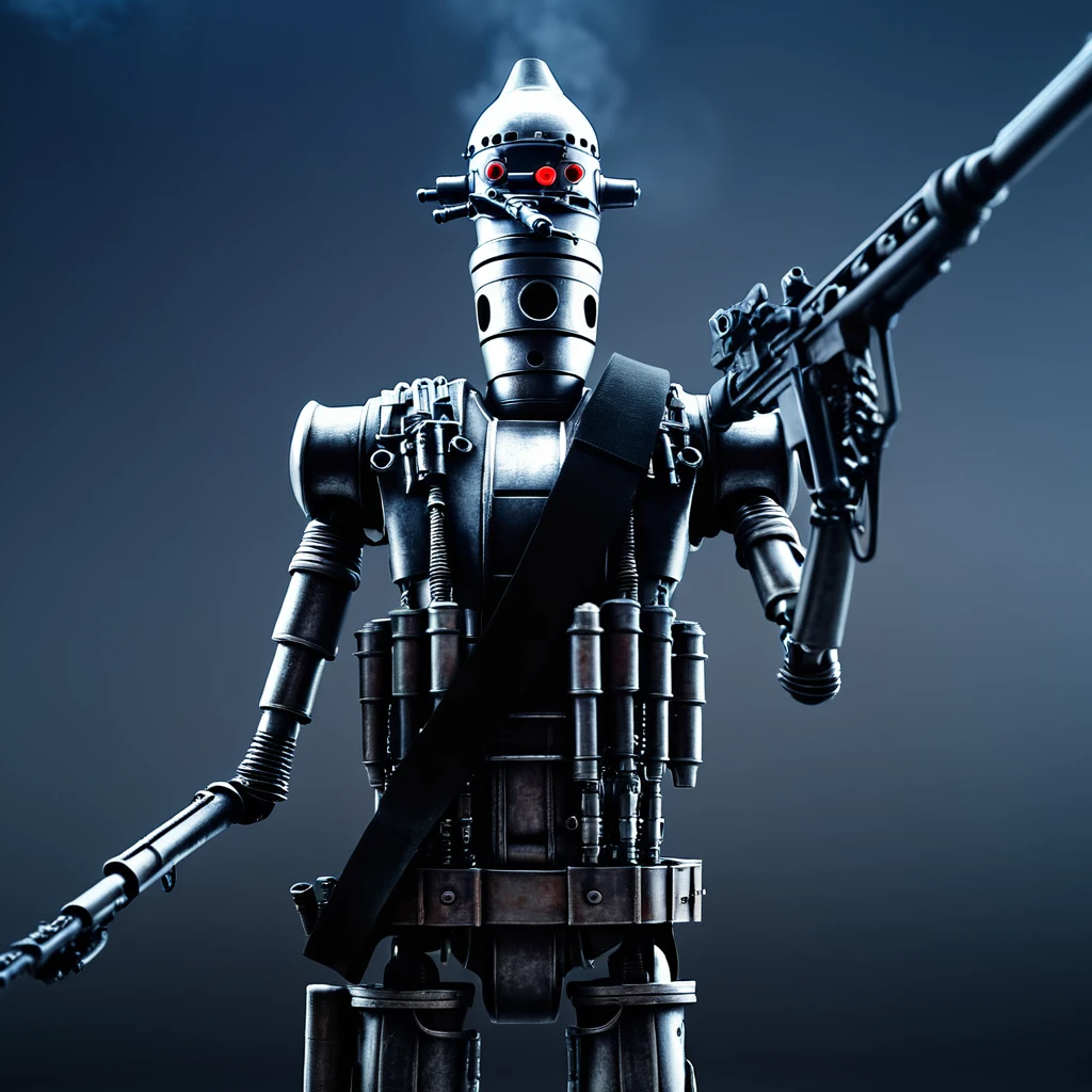 cinematic film still of <lora:IG-88:1>
IG-88 droid a robot with a gun and a helmet In Star Wars Universe, solo, weapon, grey background, gun, military, gradient background, no humans, robot, rifle, science fiction, realistic, machine gun, humanoid robot
, shallow depth of field, vignette, highly detailed, high budget, bokeh, cinemascope, moody, epic, gorgeous, film grain, grainy
