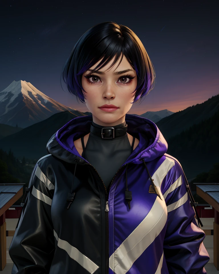 Reina,two-tone hair, brown eyes,
black and purple jacket,hood down,collar,
standing,upper body,
night,japanese dojo,mountain,
(insanely detailed, masterpiece, best quality),<lora:Reina:0.8>,