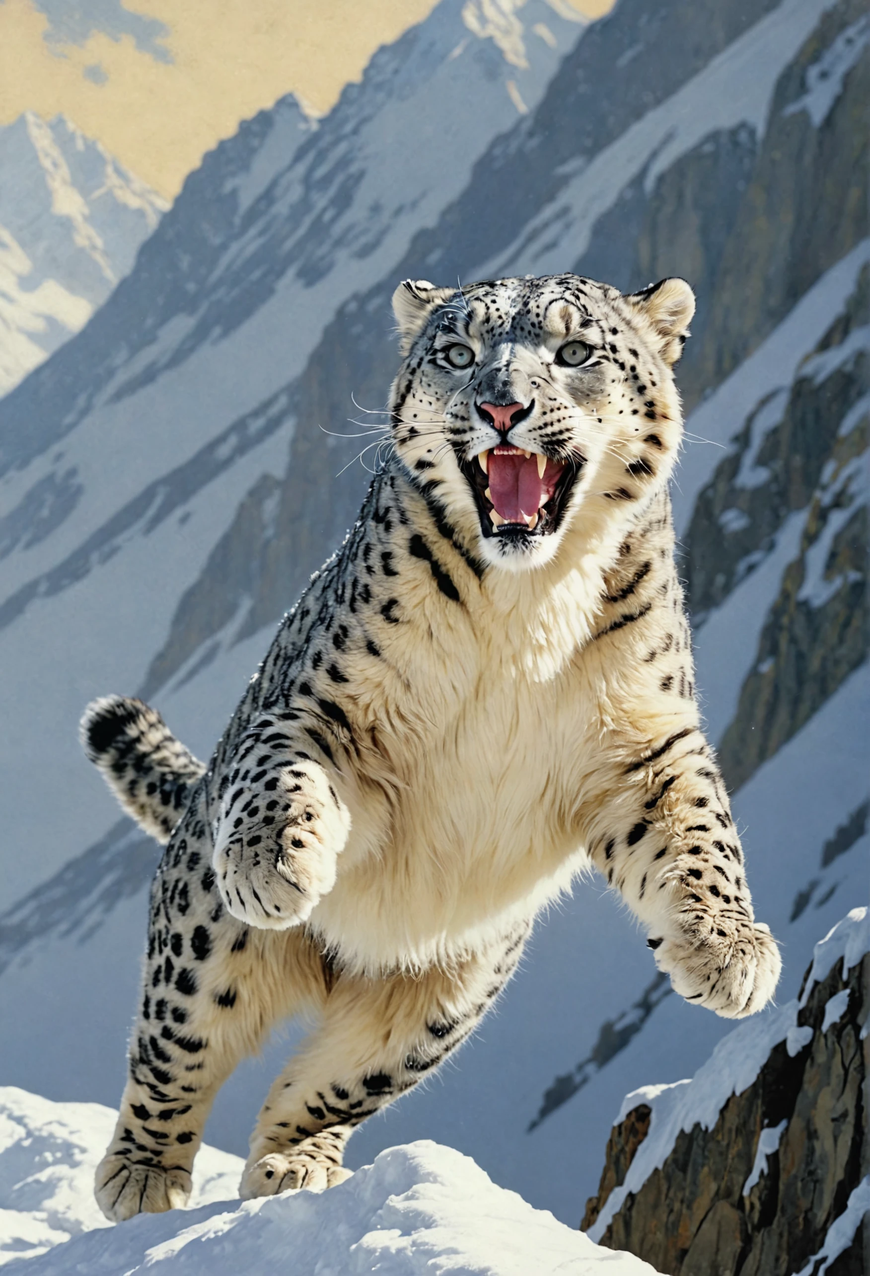 Majestic wildlife illustration, a snow leopard in mid-air leap, capturing the moment of power and grace, stunning fur texture, detailed facial
features, atmospheric backdrop, dynamic play of light, rich emotive colors, vibrant contrast, high depth of field, art by Robert Bateman, masterpiece.