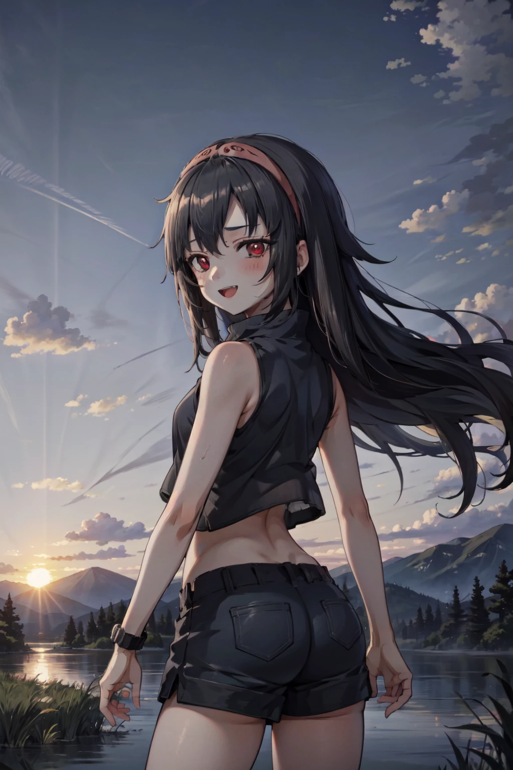 <lora:NanashiUchiha:1>, Nanashi Uchiha, 1girl, black hair, long hair, red eyes, mangekyou sharingan, (black tank top), black shorts, sleeveless, hairband, :D, outdoors, mountains, sunset, clouds, beautiful clouds, looking at viewer