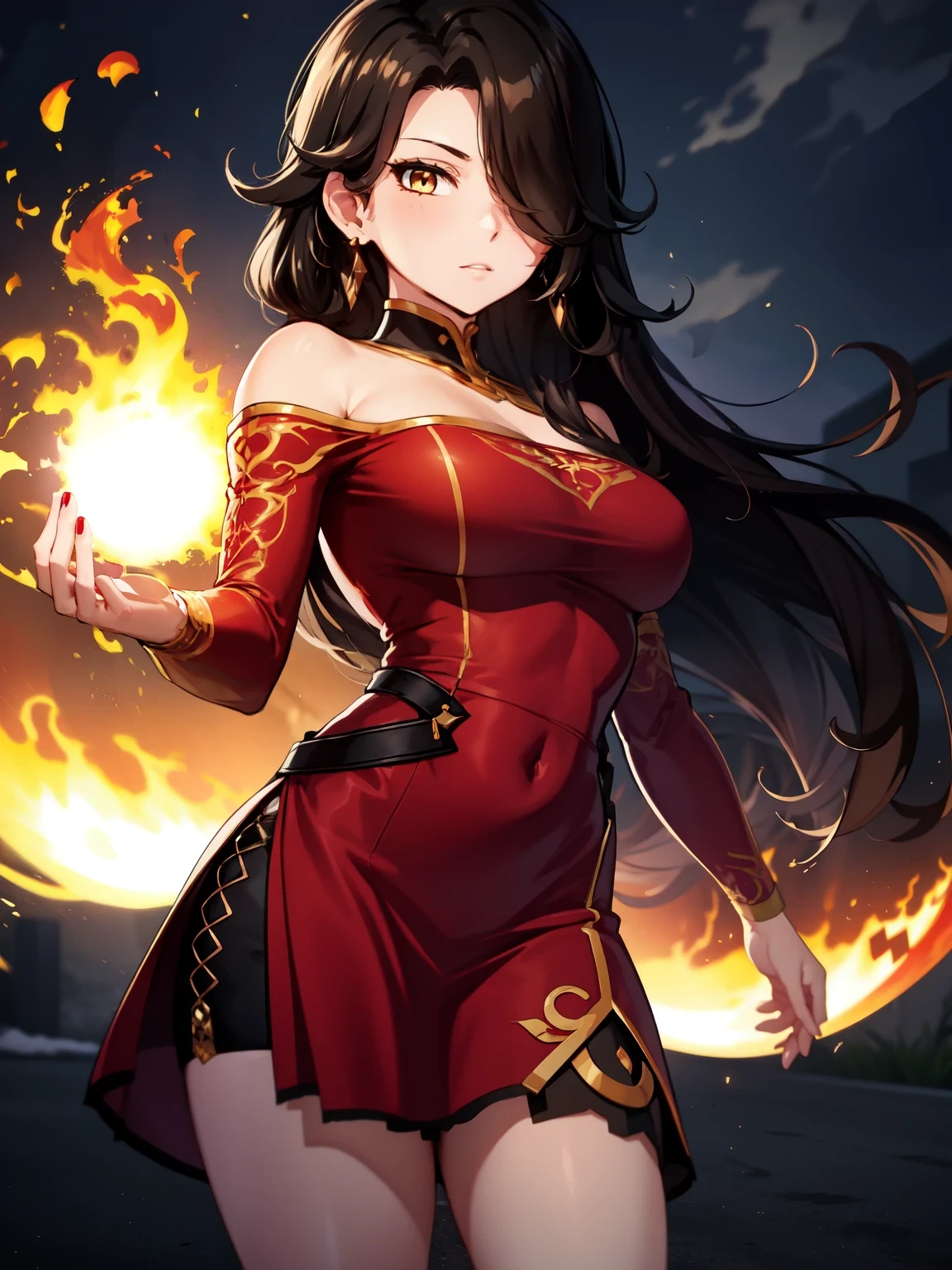 (masterpiecer, best quality, ultra-detailed), CinderFall, yellow eyes long hair, hair on the side, black hair, hair over one eye, earrings, red dress, red sleeves, bare shoulders, standing, looking at viewer