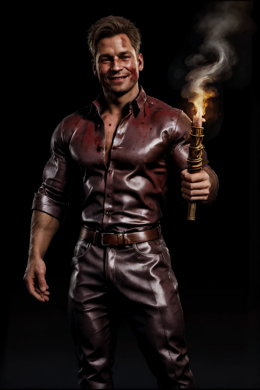 fullbody image of Johnny Cage,  1man,  collared shirt,  open shirt,  exposed chest,  blood on face,  blood,  smile,  holding trophy,  looking at viewer,  simple background (colosseum arena,  torches),  photorealistic,  best quality,  without noise,  clear,  high_resolution,  8K masterpiece,  soft lighting,  realistic skin,  highly detailed,  ultra sharp focus,  tetradic colors,  johnny_cage_mk1,<lora:EMS-276104-EMS:0.800000>