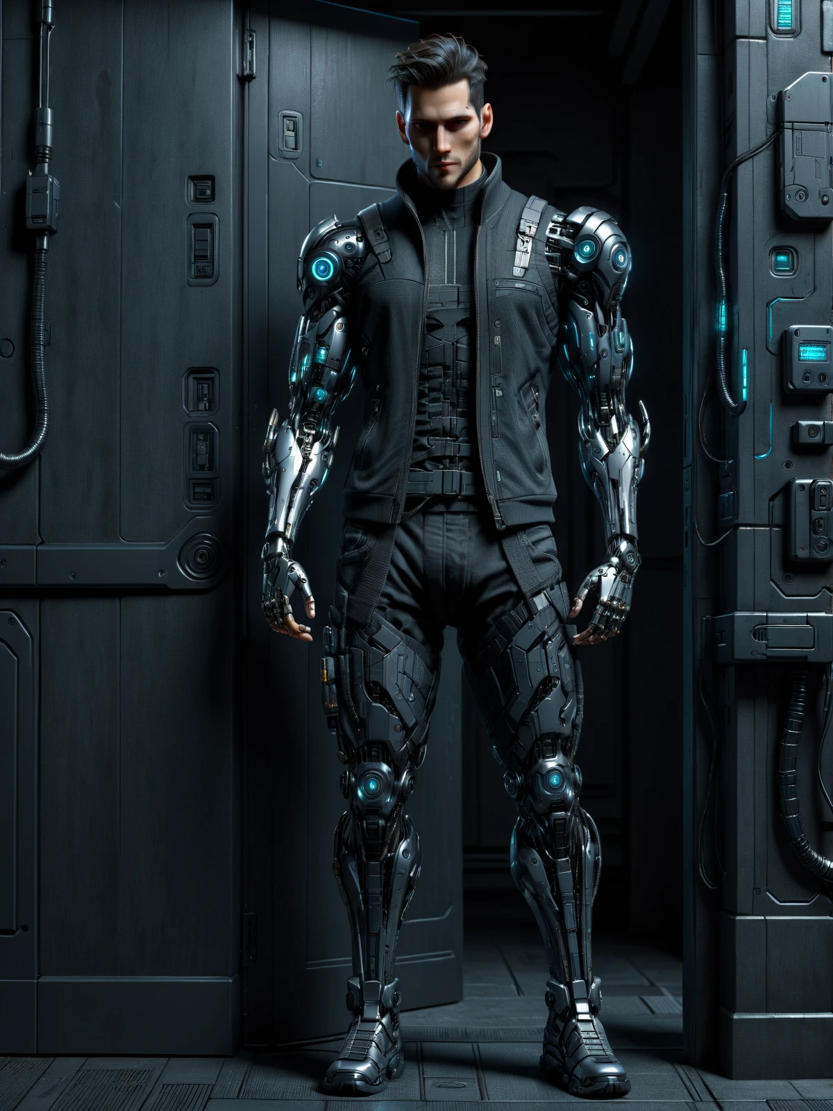 man, cyberarm, cyberpunk, <lora:Neon_Cyberpunk_SDXL_Cyberware:0.8> Standing in the doorway pose, (masterpiece:1.2), best quality, (hyperdetailed, highest detailed:1.2), high resolution textures