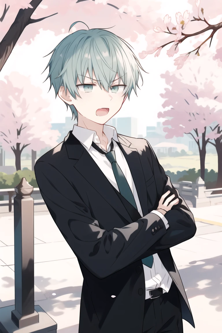 1boy,solo,male focus,cyan hair,green eyes,16-year-old boy,open mouth,raised eyebrows,fang,
high school uniform,black jacket,white shirt,plaid necktie,grey pants,crossed arms,half-closed eyes,
outdoors,cherry blossoms,cowboy shot,looking back,dynamic pose,