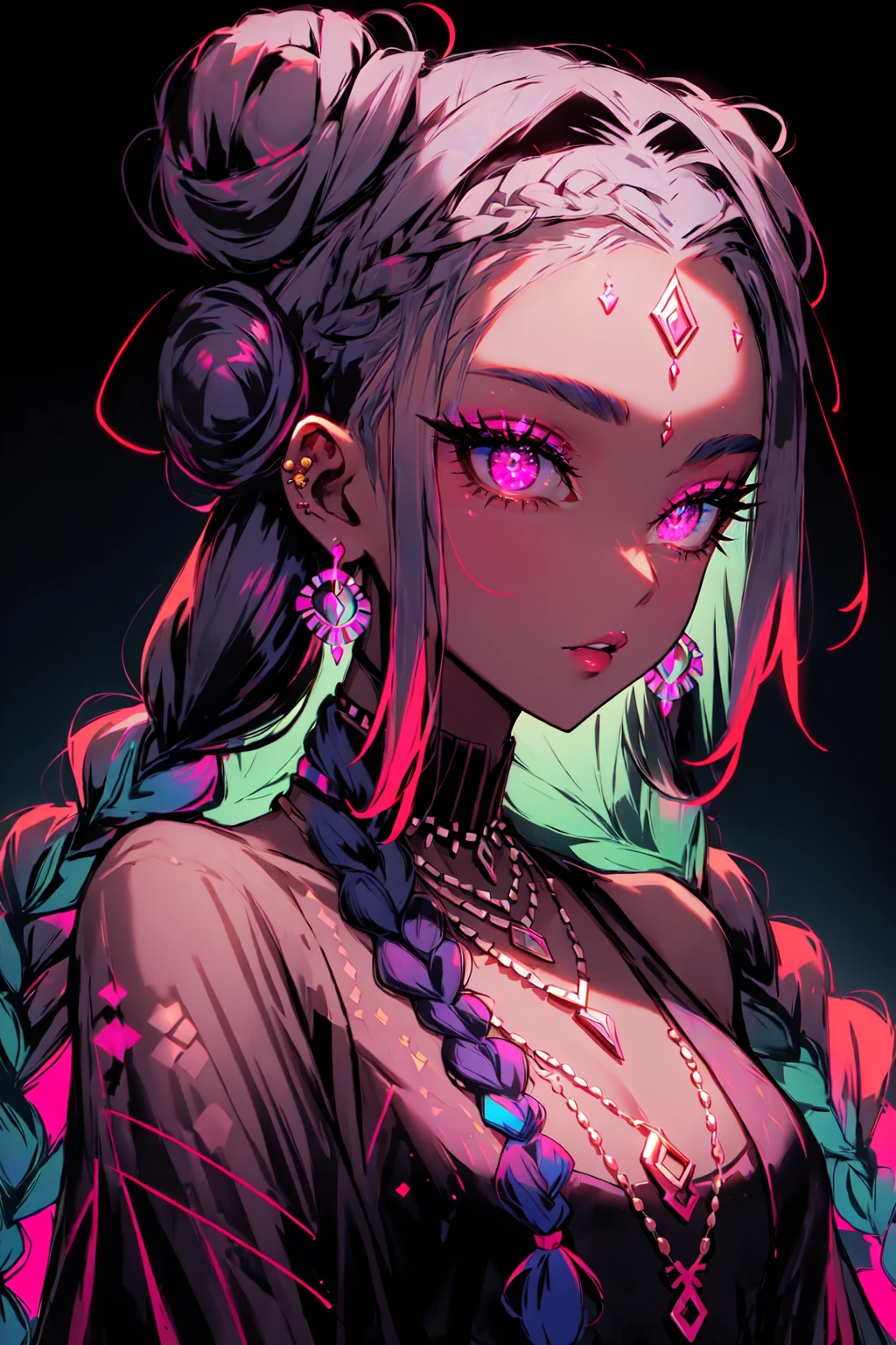 blacklightdskStyle, 1girl, solo, long hair, looking at viewer, jewelry, braid, multicolored hair, earrings, parted lips, looking back, dark skin, necklace, hair bun, twin braids, dark-skinned female, double bun, makeup, piercing, portrait, eyeshadow, masterpiece, official art, absurdres, 32k UHD, 4 point perspective, vantage point, <lora:blacklightstyle:1>