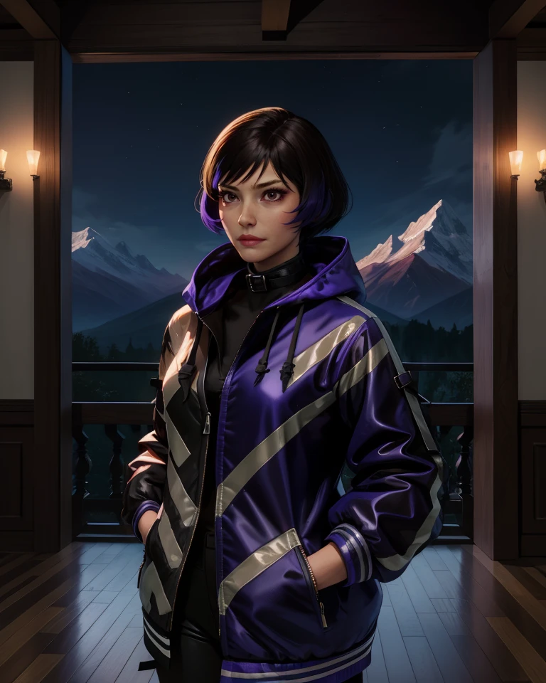Reina,two-tone hair,brown eyes,
black and purple jacket,hood down,collar, hands in jacket,
standing,upper body,
night,mountain,castle,indoors,
(insanely detailed, masterpiece, best quality),<lora:Reina:0.8>,