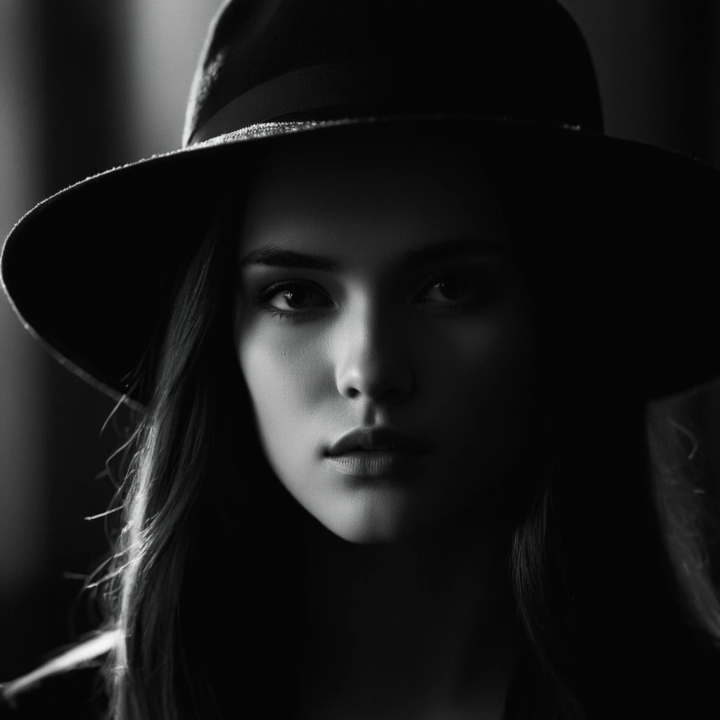 cinematic film still of  <lora:Low-key lighting Style:1>
dim light, low light, dramatic light, partially covered in shadow, a woman with a black top and a hat Low-key lighting Style,1girl,solo,long hair,looking at viewer,1boy,monochrome,greyscale,male focus,parted lips,blurry,lips,messy hair,portrait,realistic, shallow depth of field, vignette, highly detailed, high budget, bokeh, cinemascope, moody, epic, gorgeous, film grain, grainy