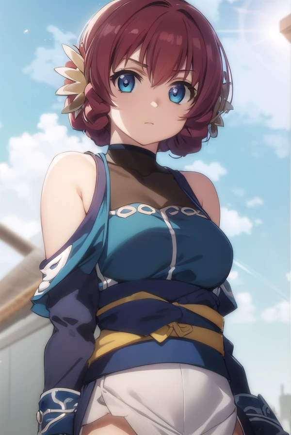 utawarerumononosuri, <lora:utawarerumono nosuri s2-lora-nochekaiser:1>,
nosuri, short hair, blue eyes, animal ears, braid, red hair,
BREAK bare shoulders, japanese clothes, sash,
BREAK outdoors,
BREAK looking at viewer, (cowboy shot:1.5),
BREAK <lyco:GoodHands-beta2:1>, (masterpiece:1.2), best quality, high resolution, unity 8k wallpaper, (illustration:0.8), (beautiful detailed eyes:1.6), extremely detailed face, perfect lighting, extremely detailed CG, (perfect hands, perfect anatomy),