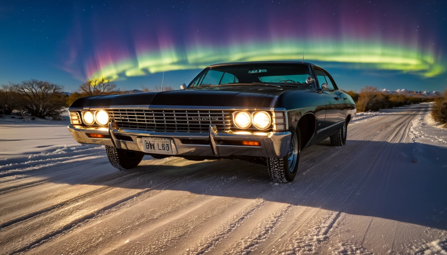 <lora:B4EA3762BD:0.5> a Chevrolet Impala 1967 car driving in the ((desert)), sun light reflecting on the car, ((aurora borealis)), snow, reflective, closeup shot