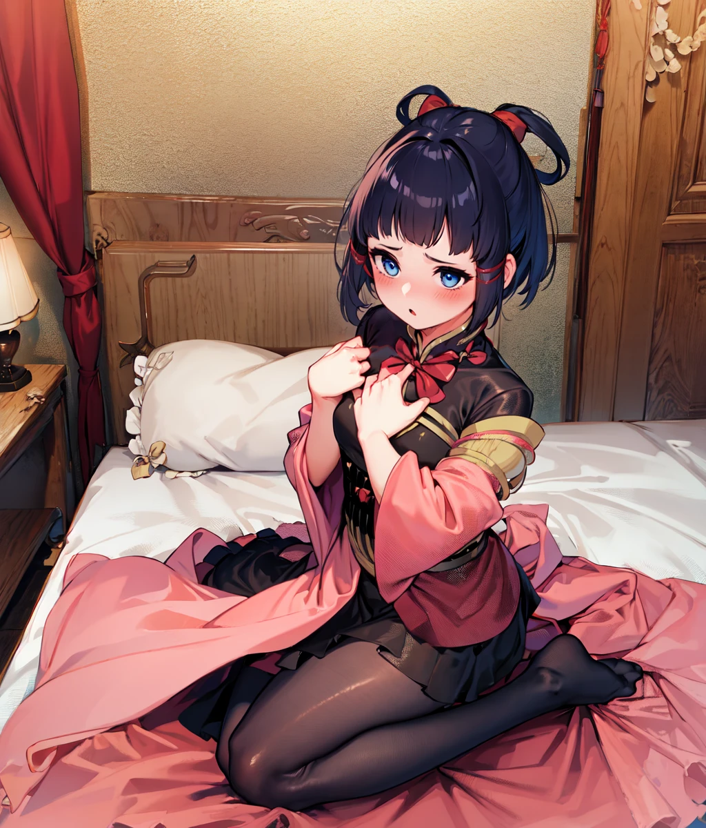 masterpiece, high res, detailed face, detailed eyes, 1 girl, solo, slender, black hair, top knot, surprised, hands on chest, blushing, blue eyes, short hair, bare legs, ((full body)), shocked, very surprised, blushing, indoors, bed, chinese bedroom <lora:Lyon:1>