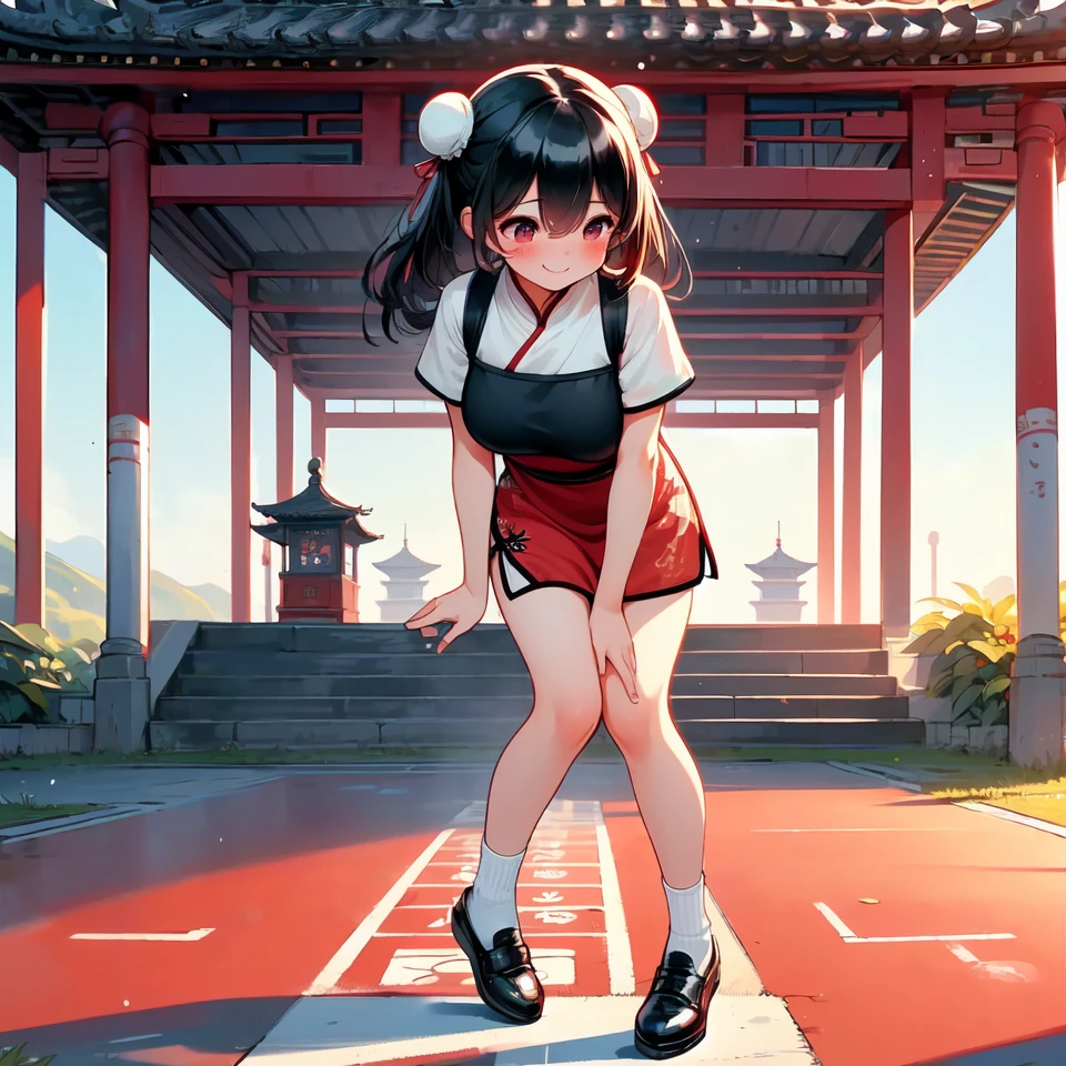 Keqing(the original god)，Lift your skirt with both hands，Expose off your underwear，The reveal panties，Show your arms，Be red in the face，Open-mouthed，Stick out your tongue
