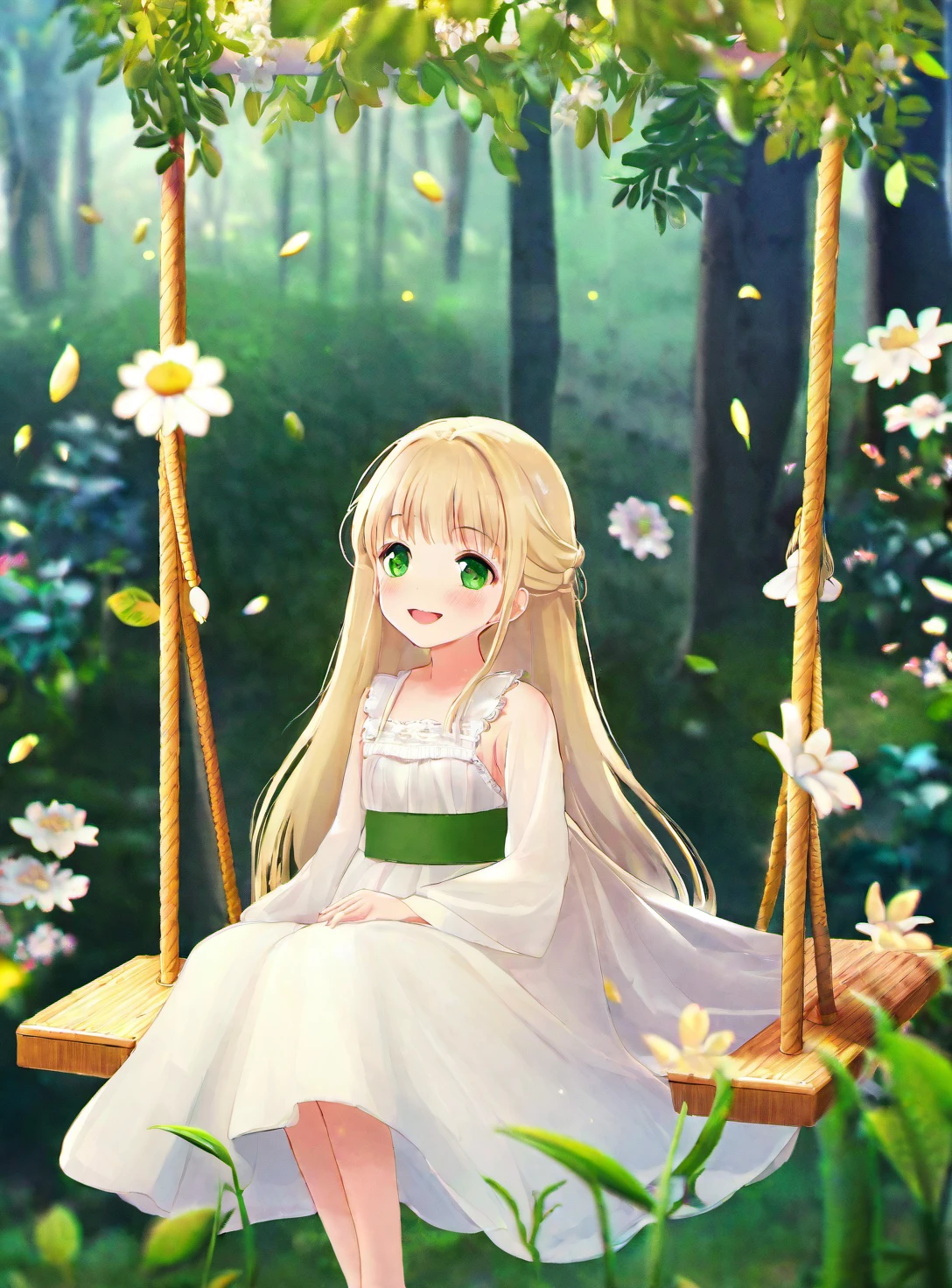 a young girl with long, pale blonde hair and green eyes. She is wearing a white dress with a green sash. She is sitting on a swing in a forest, and there are flowers and plants all around her. The girl is smiling and looks happy. The camera angle is from below, and the girl is in the center of the frame. The background is blurred, and the girl is the only thing in focus